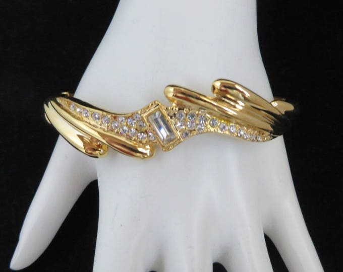 Gold Tone Rhinestone Bangle, Vintage Hinged Bracelet, Bridal Jewelry, Valentine's Day Gift