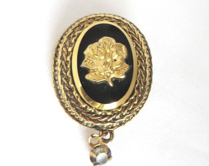Rose Cameo Pin, Vintage Gold Tone, Black Lapel Pin, Buttonhole Brooch