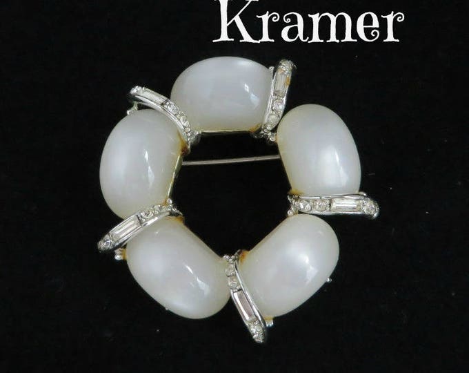 Kramer Brooch - Vintage White Moonstone Pin, Signed Designer Brooch, Crystal Baguette Wreath Pin, Gift Boxed