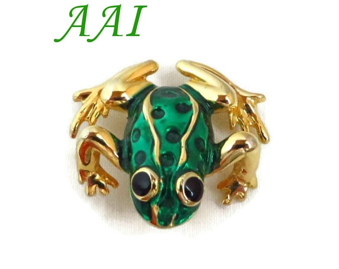 Vintage Brooch - AAI Frog Brooch, Green Frog Brooch, Goldtone Frog Pin, Free Shipping