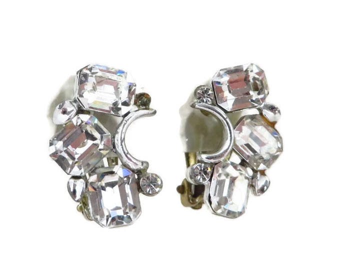 Lisner Rhinestone Earrings, Vintage Rhinestone Silver Tone Curved Clip-ons, Bridal Jewelry, Gift for Her