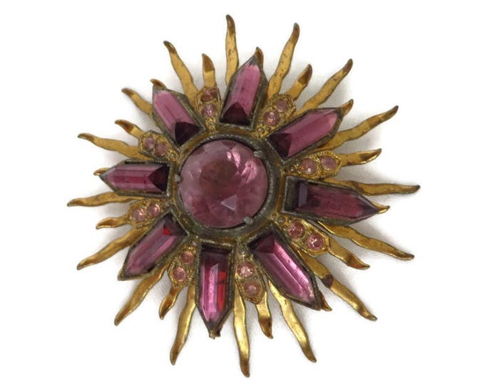 Brooch Pin - Vintage Lavender Rhinestone Gold Tone Sunburst Pin, C Clasp, Perfect Gift, Gift Box