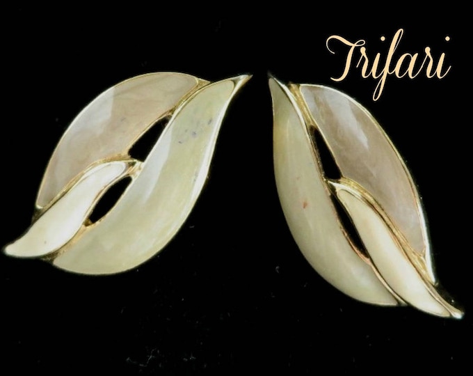 Vintage Trifari Earrings - Cream Enamel Pierced Earrings, Gold Tone Leaf Studs, Gift for Her, Gift Box