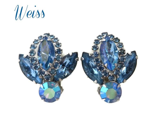 Blue Rhinestone Earrings - Vintage Jewellery, Silver Tone Clip-ons, Bridal Earrings, Signed Weiss Jewelry, Gift for Her, Gift Boxed Blue Rhinestone Earrings - Vintage Jewellery, Silver Tone Clip-ons, Bridal Earrings, Signed Weiss Jewelry, Gift for Her, Gift Boxed
