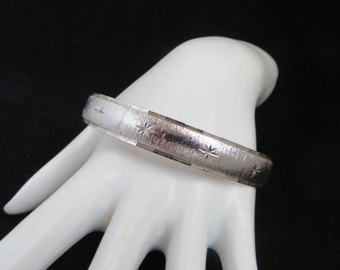 Monet Silver Tone Bangle - Vintage Brushed Silver Tone Stars Bracelet, Gift for Her, Gift Boxed