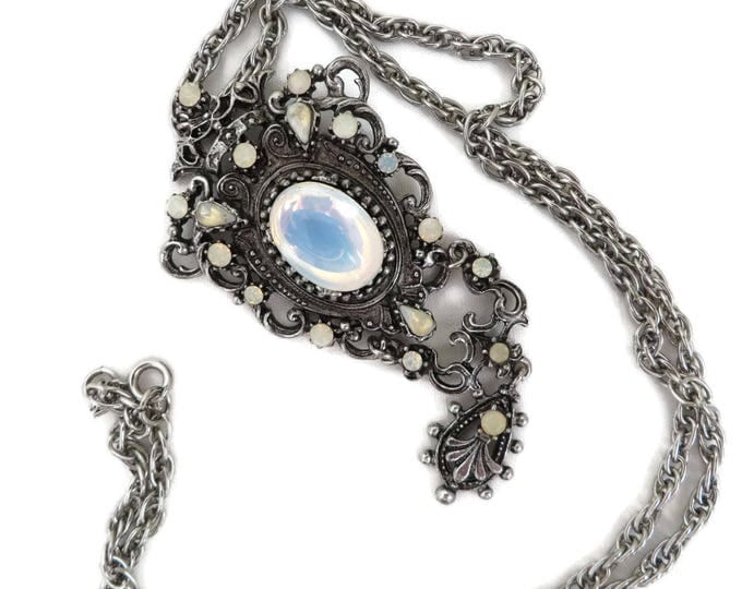 Vintage Opal Moonstone Pendant Necklace | Victorian Style Dangling Pendant | Glass Stone Chain Link Necklace