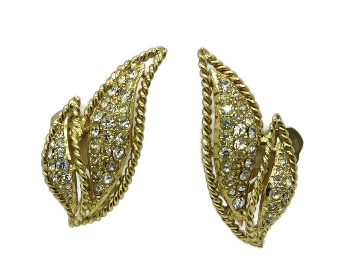 Bridal Earrings, Leaf Clip-ons, Signed Hattie Carnegie Rhinestone Earrings, Vintage Runway Bridal Jewelry Gift Idea