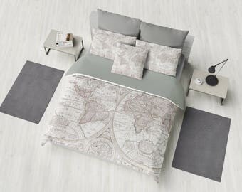 World Map Duvet Cover - bed - bedroom, travel decor, cozy soft, gray, grey, winter, warm, wanderlust