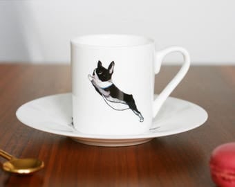 Boston Terrier 'Lean' Fine Bone China Espresso Cup and Saucer by Giddypup