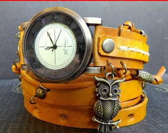 Yellow leather watch, Leather wrist watch, Bracelet watch, Owl watch, Leather jewelry, Gift for her
