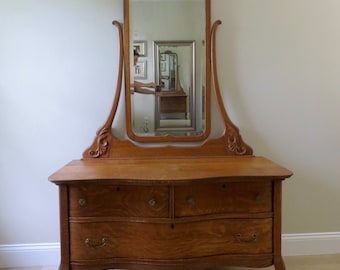 Antique Tiger Oak Dresser with Tall Mirror - Claw Foot Serpentine Dresser
