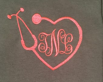 Monogrammed Nurse Shirt, Monogrammed Stethoscope Shirt, Woman Monogrammed Stethoscope T-shirt, Woman Nurse Shirt, Woman Monogrammed Shirt