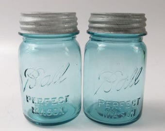Vintage Blue Ball Pint Jars with Zinc Lids