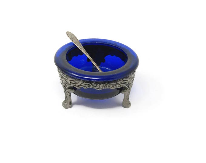 Vintage Cobalt Blue Glass Open Salt Cellar in Ornate Metal Stand - Vine Art Nouveau Nut Dish or Master Open Salt Dish