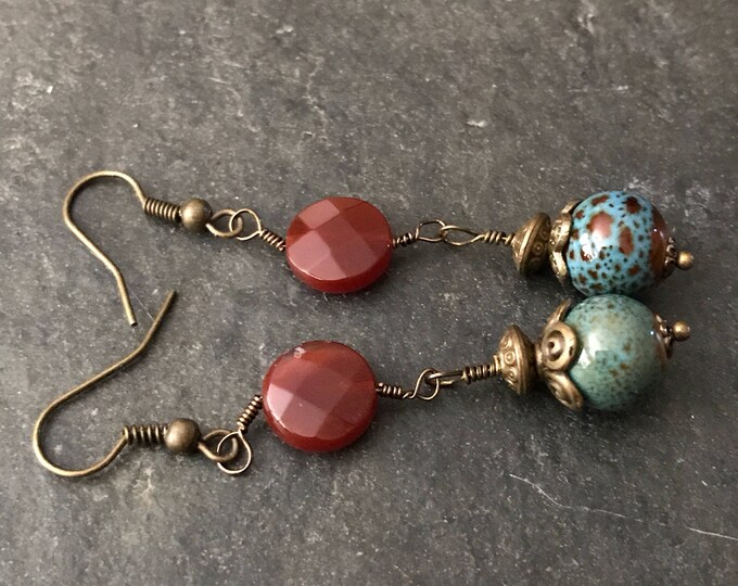 Carnelian Turquoise brass earrings, Brass carnelian earrings, Turquoise brass dangle, long brass earrings