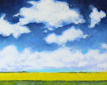 Puffy Clouds Landscape Painting Prairie Plains Farm Acrylic on Canvas 12"x12"