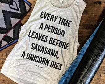 SAVASANA UNICORN DIES....Funny Yoga Muscle Tee in Heather Grey/Black Workout Top, Muscle Tank, Gym Top, Fitness Tank, Yoga Vest, Yoga Top