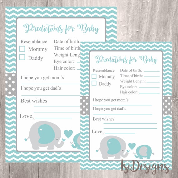 Elephant Baby Shower Prediction Cards Instant Teal Il 570xn