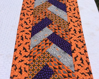 Halloween Table Runner Table Topper in A Novelty Orange Purple and Grey Color Braided Handmade Homemade Quilt Quilted