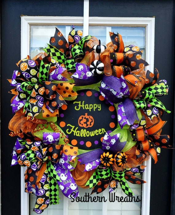 Items similar to SALEHalloween Door Wreath,Deco Mesh Halloween