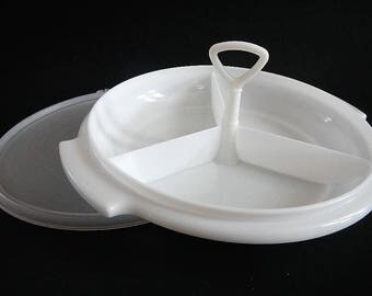 Vintage Tupperware Suzette Server Tray with Lid - 608, white, sheer lid -retro,party,storage,divided dish,condiments,candy,nuts, relish tray