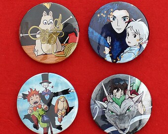 Studio Ghibli Badge Sets | Spirited Away | Howl's Moving Castle | Totoro | Kiki's Delivery Service (Set of 4 Badges / Buttons / Magnets)