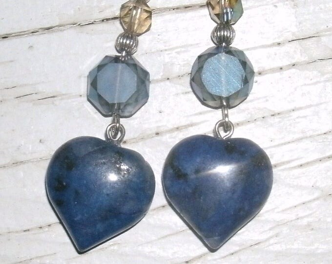 Lapis Lazuli Gemstone Blue Heart Earrings, puffed hearts, crystal frosted blue AB flat faceted bead, leverback wires, silver beads