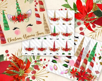 Christmas Unicorn Clipart, unicorn faces, candy cane unicorn horn, gold and silver sparkle glitter unicorn eyes, eyelashes, horns graphics,