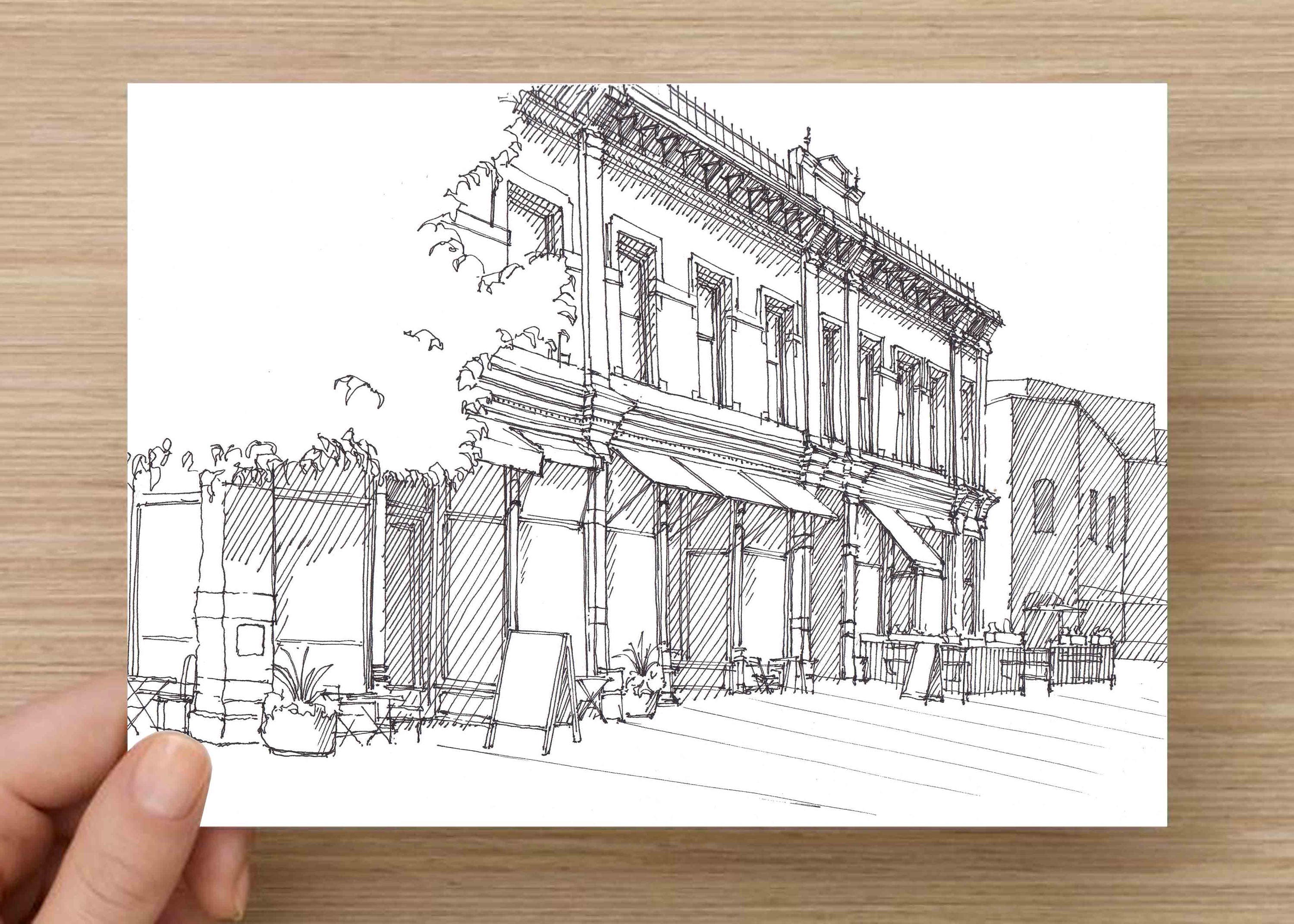 Ink Sketch of Historic Storefront in Fort Collins, Colorado Drawing