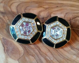 Vintage Trifari Black Enamel and CZ Accent Gold Tone Round Pierced Earrings