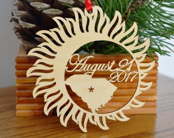 South Carolina Solar Eclipse ornament wood cut decoration. Laser cut Total Solar Eclipse ornament Path of Totality through South Carolina