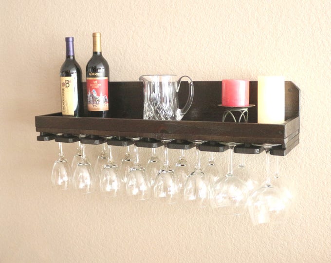 32" Rustic Wood Wine Rack Shelf & Hanging Stemware Holder Bar Organizer Rack