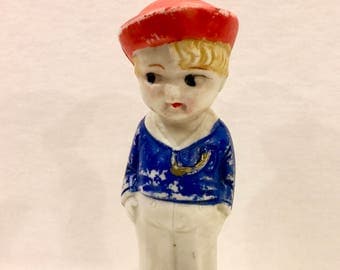 Vintage Bisque Doll, Boy Sailor Doll, Frozen Charlotte, Porcelain Doll, Googly Eyes, Red Sailor Hat, 4 inches, Made in Japan, Circa 1930s