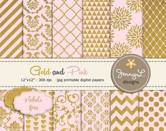 50% OFF Pink and Gold Digital Papers, Gold Digital Scrapbooking Papers, Pink and Gold, Damask Digital Paper, Dahlia Digital Paper
