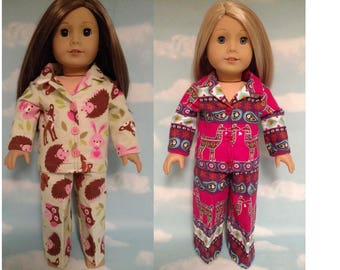 18 inch Girl Doll Clothing, handmade to fit like American Girl Doll clothes, (Pajamas choose green or red) pj-402cab