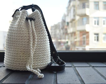 White crochet bag Basket bag Bucket bag Summer cotton bag Women summer accessory Shoulder bag Leather handle Purse women
