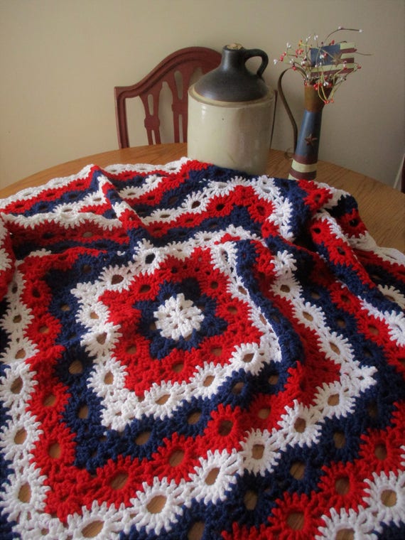 Patriotic Afghan Red White and Blue Crochet blanket throw