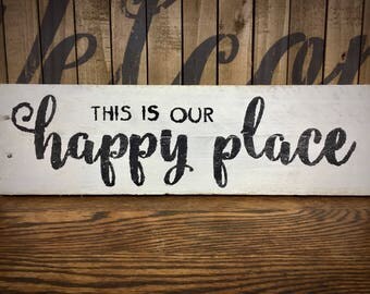 This is Our Happy Place Sign, Rustic Farmhouse Pallet Bedroom Signage, Cursive Black and White Wall Art, Reclaimed Wooden Home Accent