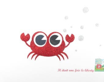 Iron on patch applied fusible crab in red and silver glitter fabric, appliqué crab badge iron on glitter fabrics