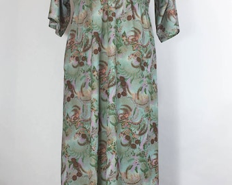 Vintage Caftan Dress Green Floral Caftan Green Floral Maxi Dress 1960s Caftan Polyester Deep V Dress Muu Muu Loungewear Boho Festival