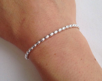 Sterling silver bracelet, silver olive bead bracelet, minimal silver bead bracelet, gift, shiny silver stretch bracelet, small bead bracelet