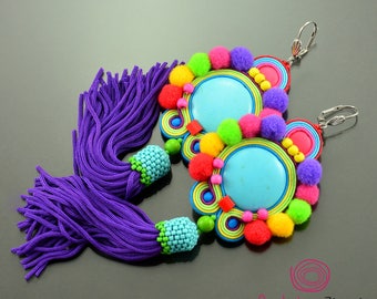 Colorful pom pom earrings, pompom jewelry, turquoise tassel earrings, dangle pom pom earrings, purple fringe earrings, colorful soutache
