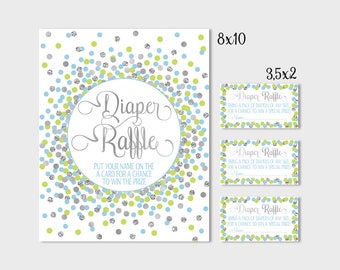 Diaper Raffle Sign Blue Lime Green Confetti Baby Shower Diaper Raffle Sign And Tickets Printable Shower Games Blue Lime Green And Silver