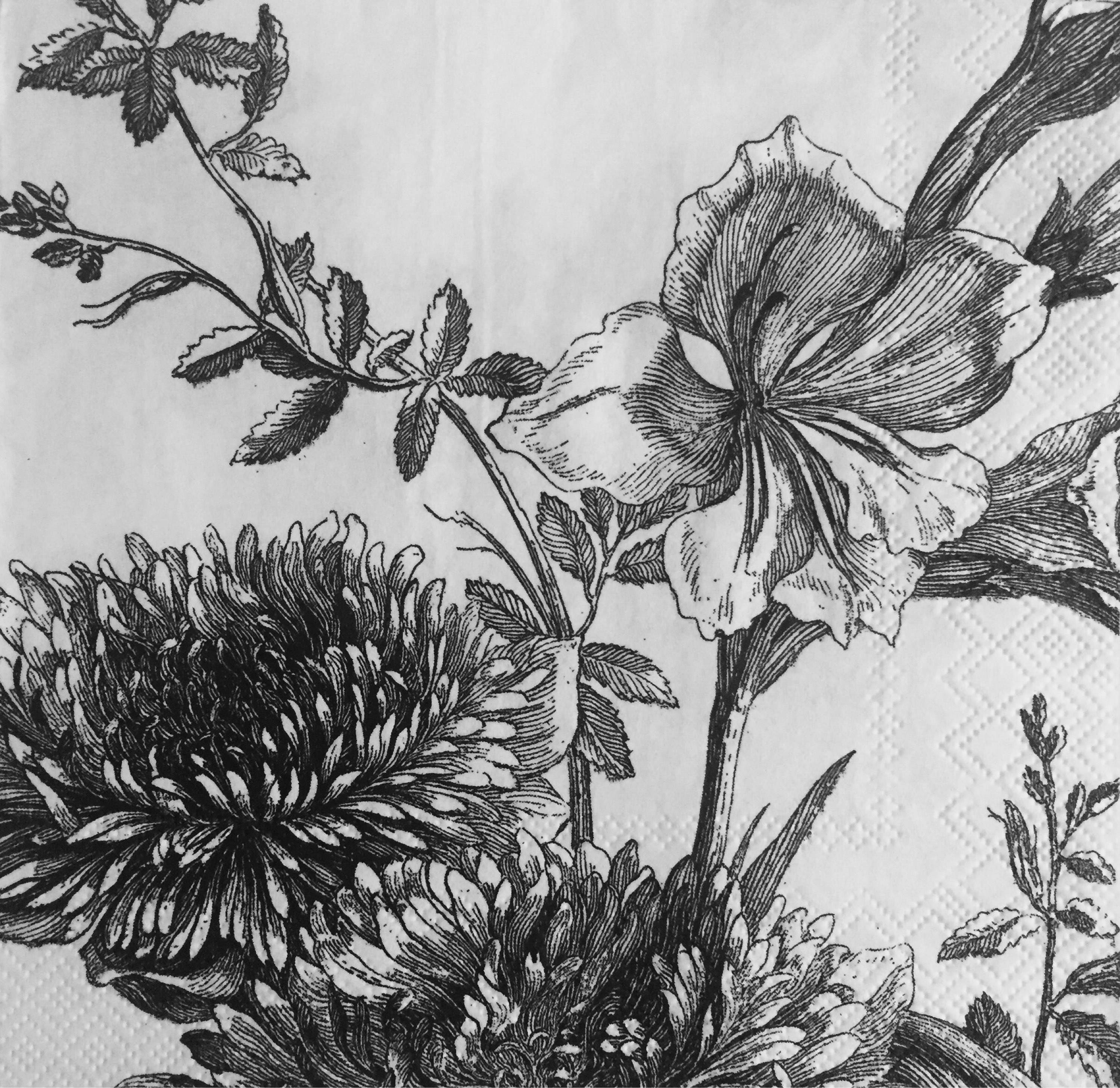 3 Decoupage Napkin Floral Fleur black white 13" x 13" from
