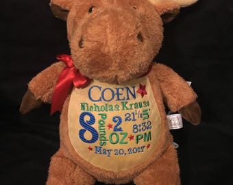 birth announcement stuffed animal, baby announcement plush animal, personalized stuffed animal baby gift, monogrammed plush moose
