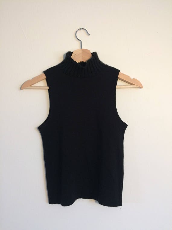 90s Sleeveless Turtleneck Ribbed Collar Black Turtleneck 90s