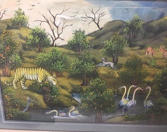 Vintage Asian Landscape with Animals Painted on Silk