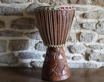 Large African Drum with carved wooden base. Senegal. Djembe.