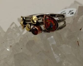 Fire Opal and Garnet Ring, Size 6 1/2