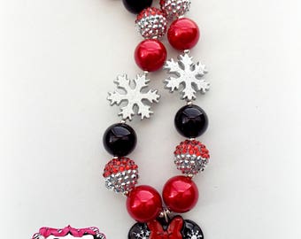 Christmas Minnie Necklace - Holiday Minnie Snowflake Chunky Bubblegum Bead Necklace, Party Favor, Birthday Gift Chunky Beaded Necklace
